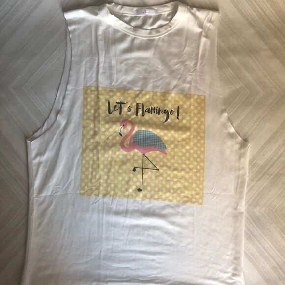 Wink Let’s Flamingo Loose Fitting  White Tank Top - Picture 1 of 6